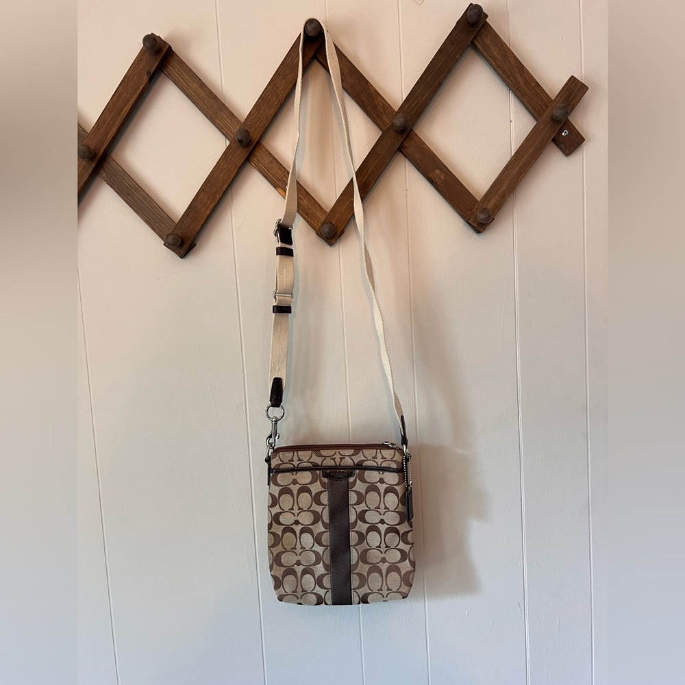 Crossbody canvas coach with classic logo, chocolate brown